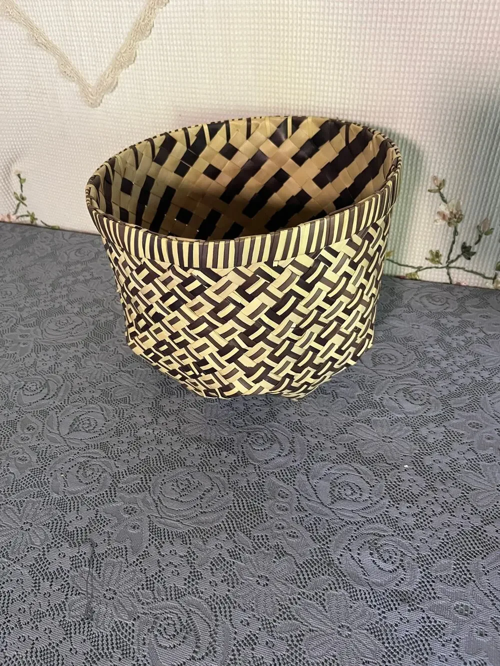 Vietnam Woven Basket Two Tone Black Cream Geometric Handmade Decor Storage